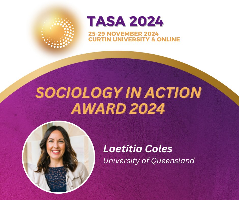 AustSoc's tweet image. Congratulations to Laetitia Coles!

A huge round of applause for Laetitia Coles, the recipient of TASA’s Sociology in Action Award! 🏆 This prestigious honor celebrates Laetitia’s outstanding work and dedication to applying sociology for meaningful impact.
#TASA2024 #sociology