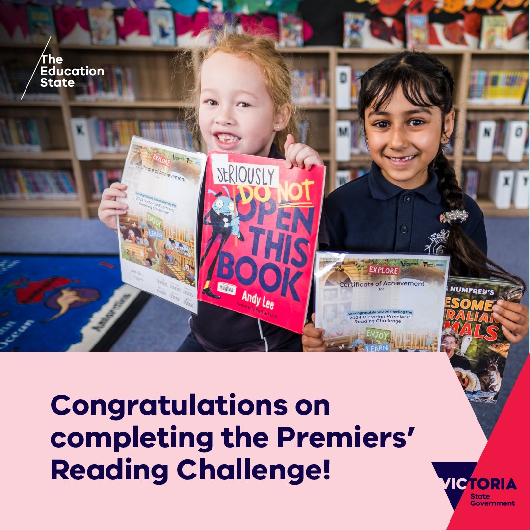 VicGovDE's tweet photo. Congratulations to all the young people who completed the 2024 #PremiersReadingChallenge🥳
More than 3.3 million books were read by 82,000 participants – what an amazing effort🏆
Keep reading and we’ll see you next year for the 20th anniversary of the #VicPRC!
@TheCBCA https://t.co/Zexs8SZ6Gk