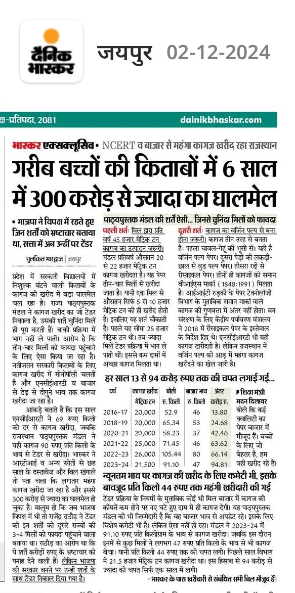 राजस्थान की सरकारी स्कूलों में निःशुल्क बंटने वाली किताबों के कागज खरीद में 300 करोड़ से अधिक की गड़बड़ी होना वर्तमान भाजपा सरकार में भ्रष्टाचार होने का प्रमाण है,भारतीय जनता पार्टी ने विपक्ष में रहते हुए जो आरोप कागज खरीद की टेंडर प्रक्रिया में लगाए , उन्हीं शर्तों पर फिर से