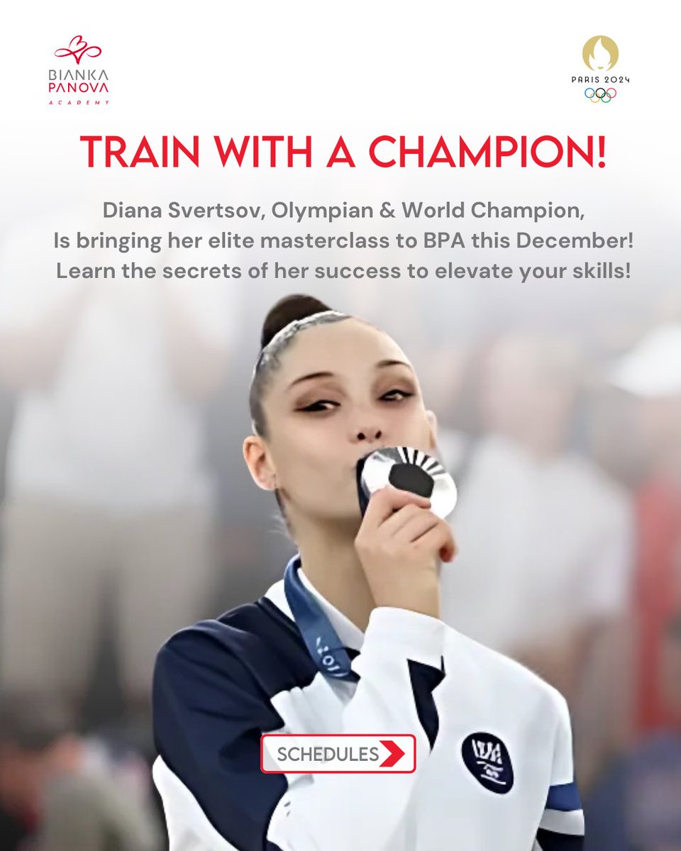 BPanovaAcademy's tweet photo. Train with a Champion! 🌟

Diana Svertsov, Olympian &amp; World Champion, is hosting her Masterclass &amp; December Camp Class at BPA this December! 🤸‍♀️

📅 Check the schedule and sign up now—spaces are limited! https://t.co/RFS6QOXB4D

#RhythmicGymnastics #BPA https://t.co/72aOofZ93R