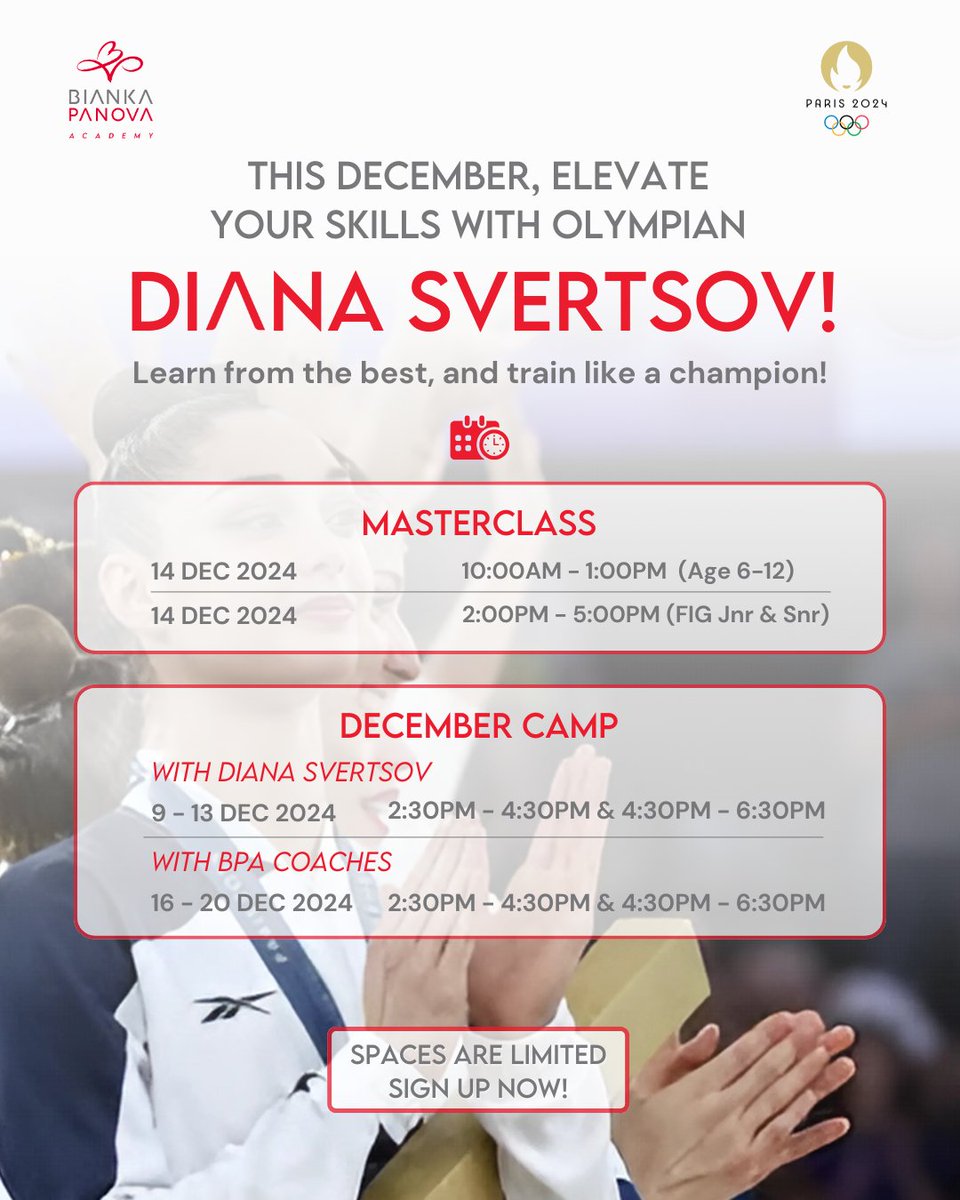 BPanovaAcademy's tweet photo. Train with a Champion! 🌟

Diana Svertsov, Olympian &amp; World Champion, is hosting her Masterclass &amp; December Camp Class at BPA this December! 🤸‍♀️

📅 Check the schedule and sign up now—spaces are limited! https://t.co/RFS6QOXB4D

#RhythmicGymnastics #BPA https://t.co/72aOofZ93R