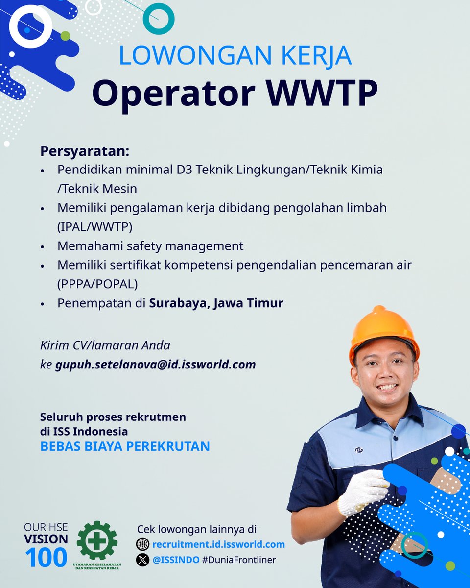 Siang Sobat Frontliner! 🌟 Buat kamu yang berlokasi di Surabaya, Jawa Timur, mimin ada info lowongan nih untuk posisi Operator Instalasi Pengolahan Air Limbah (IPAL). Yuk, cek persyaratan lengkapnya dan segera kirimkan lamaran kamu! 💧 Jangan lewatkan kesempatan ini!