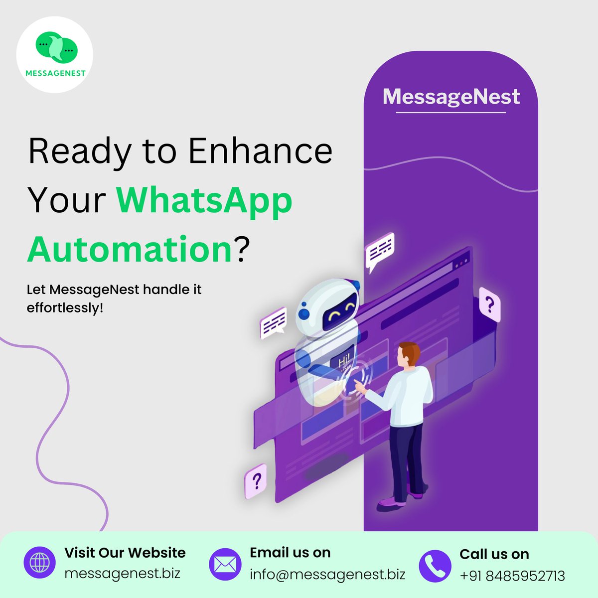 alvi_software's tweet photo. 𝗥𝗲𝗮𝗱𝘆 𝘁𝗼 𝗘𝗻𝗵𝗮𝗻𝗰𝗲 𝗬𝗼𝘂𝗿 𝗪𝗵𝗮𝘁𝘀𝗔𝗽𝗽 𝗔𝘂𝘁𝗼𝗺𝗮𝘁𝗶𝗼𝗻? 🚀

𝗠𝗲𝘀𝘀𝗮𝗴𝗲𝗡𝗲𝘀𝘁 is here to transform the way you communicate with your customers.💬

#messagenest #whatsapp #chatbot #automation #messaging #business #whatsappautomation https://t.co/fVrRur6L3p