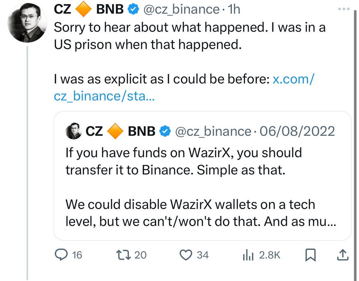 Cz again reminded Indian users.

⁦<a href="/cz_binance/">CZ 🔶 BNB</a>⁩ clearly told everyone “if you have funds on WazirX, your should transfer it to Binance”