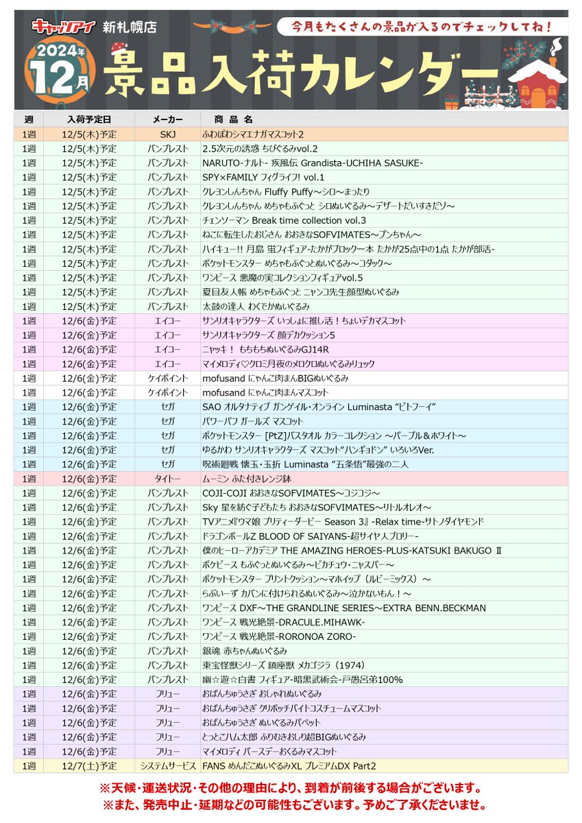 大変お待たせいたしましたm(__)m 12月の景品入荷カレンダーになります