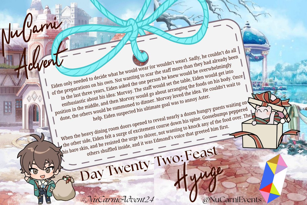 🎁NuCarni Advent Calendar Day Twenty-Two: Feast🎁

Despite certain clan members' disgust, Eiden decided to feast in a non-traditional method this year. Introducing body sushi to dinner in this fic by <a href="/hyuge_chan/">Hyuge</a>.

Read: ao3.org/works/59675725

#NuCarniAdvent24 #NuCarniEvents