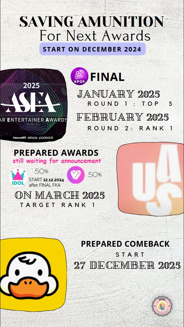 Sovelly!! 

Setelah FKA selesai kita fokus untuk keep amunisi untuk USA. 
USA vote di Apk My1pick &amp; Idol Champ
My1pick dengan yellow heart 💛
Idol Champ dengan Ruby ❤

Sedangkan ASEA kita fokus kumpulin amunisi untuk final round di bulan Januari nanti. 

Fighting Sovelly 💪💪