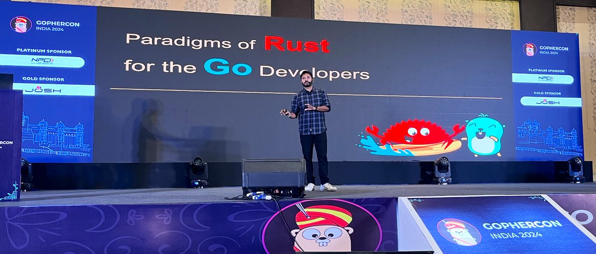 GopherConIndia's tweet image. Day 2 of GopherCon opens with @_gauravgahlot exploring &quot;Paradigms of Rust for the Go Developer.&quot; A thought-provoking session to kickstart the day, bridging the best of Rust and Go!

#GCI24 #GopherConIndia2024