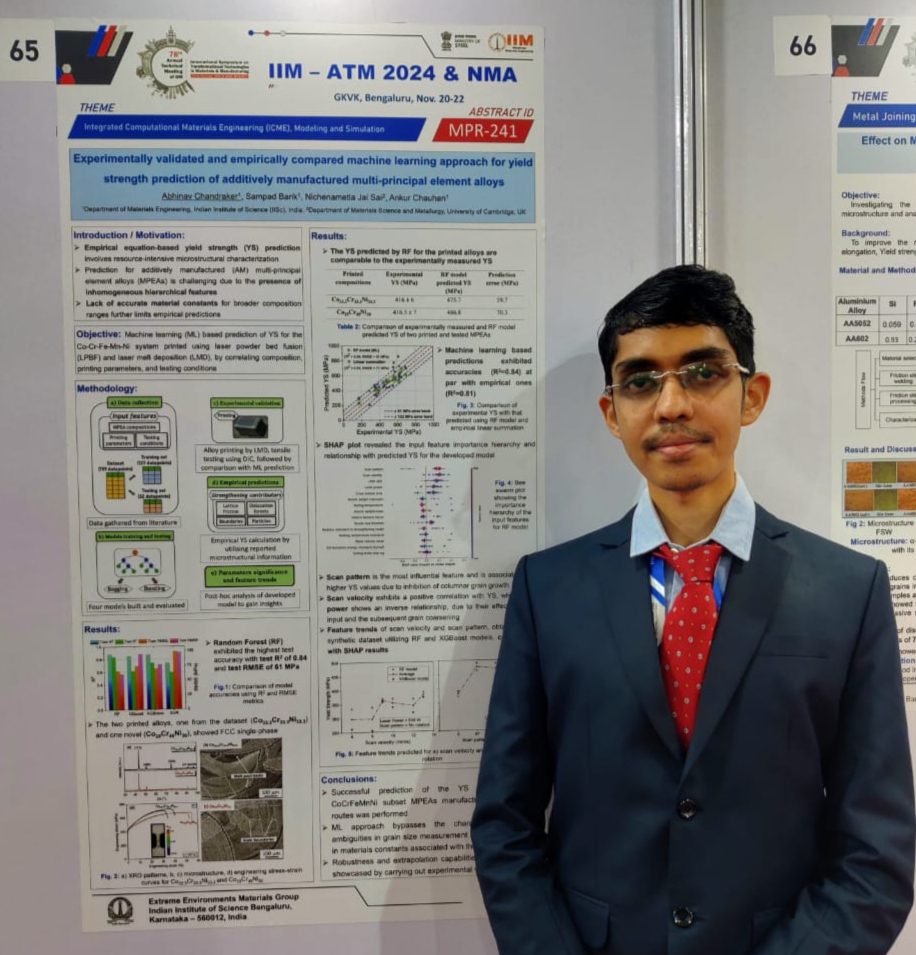 Congratulations to Abhinav Chandraker, a PhD student working with Prof. Ankur Chauhan, for receiving the Best Poster Award at the Indian Institute of Metals ATM 2024 conference. He has received it in the Integrated Computational Materials Engineering category.
<a href="/iiscbangalore/">IISc Bangalore</a>