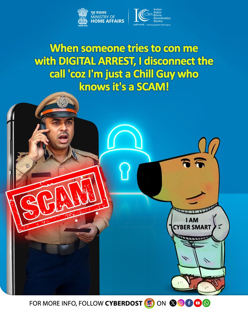 #MondayMeme

If someone calls and says you are under #DigitalArrest, be a lowkey #ChillGuy. Do not panic. Just #StopThinkTakeAction to disconnect the call &amp; report the cybercrime on 1930 / cybercrime.gov.in

#I4C #AapkaCyberDost #SafeDigitalIndia #Cybercrime #Call1930