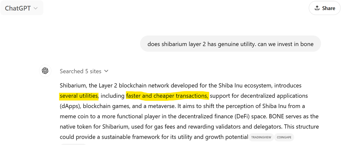 BasuthkarArun's tweet photo. What does Chat GPT has to say about Shibarium  and its native token Bone. 🚀🚀
#cryptocurrency #shiba #Shibarium #BTCUSDT #btc100k #BONEARMY https://t.co/bGYj1iaGWl