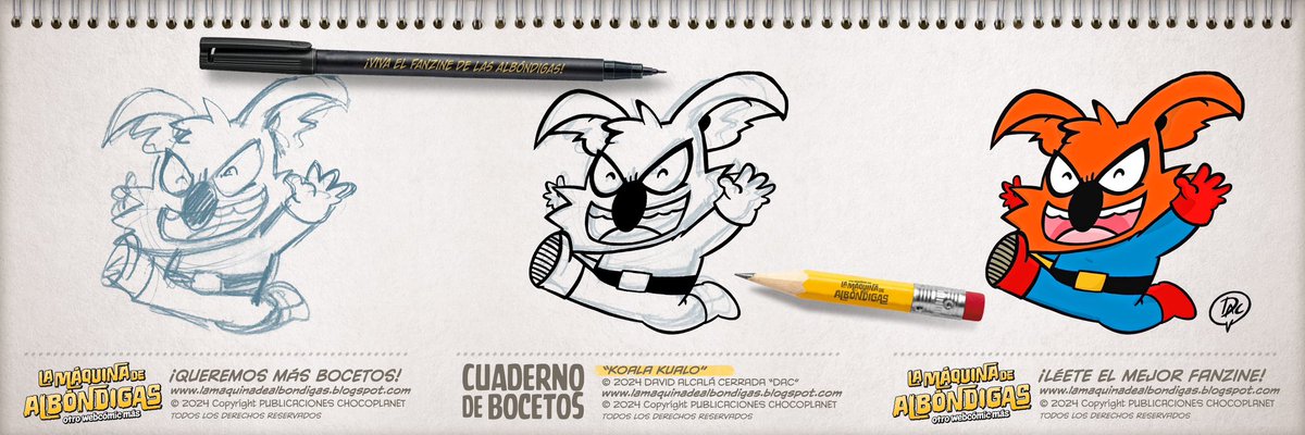 ¡QUE BIEN NOS LO PASAMOS! dibujando BOCETOS de nuestros PERSONAJES del FANZINE de <a href="/comicALBONDIGAS/">La Máquina de Albóndigas</a>. Como hace <a href="/MASINDAC/">LABIOLEPORINOARTIST</a> “DAC” con su SERIE DE CÓMIC “KOALA KUALO” que ¡SE LO PASA PIPA!
¡LÉETE EL #fanzine DE LAS ALBÓNDIGAS!
#leeteunfanzine #comic 
#lamaquinadealbondigas