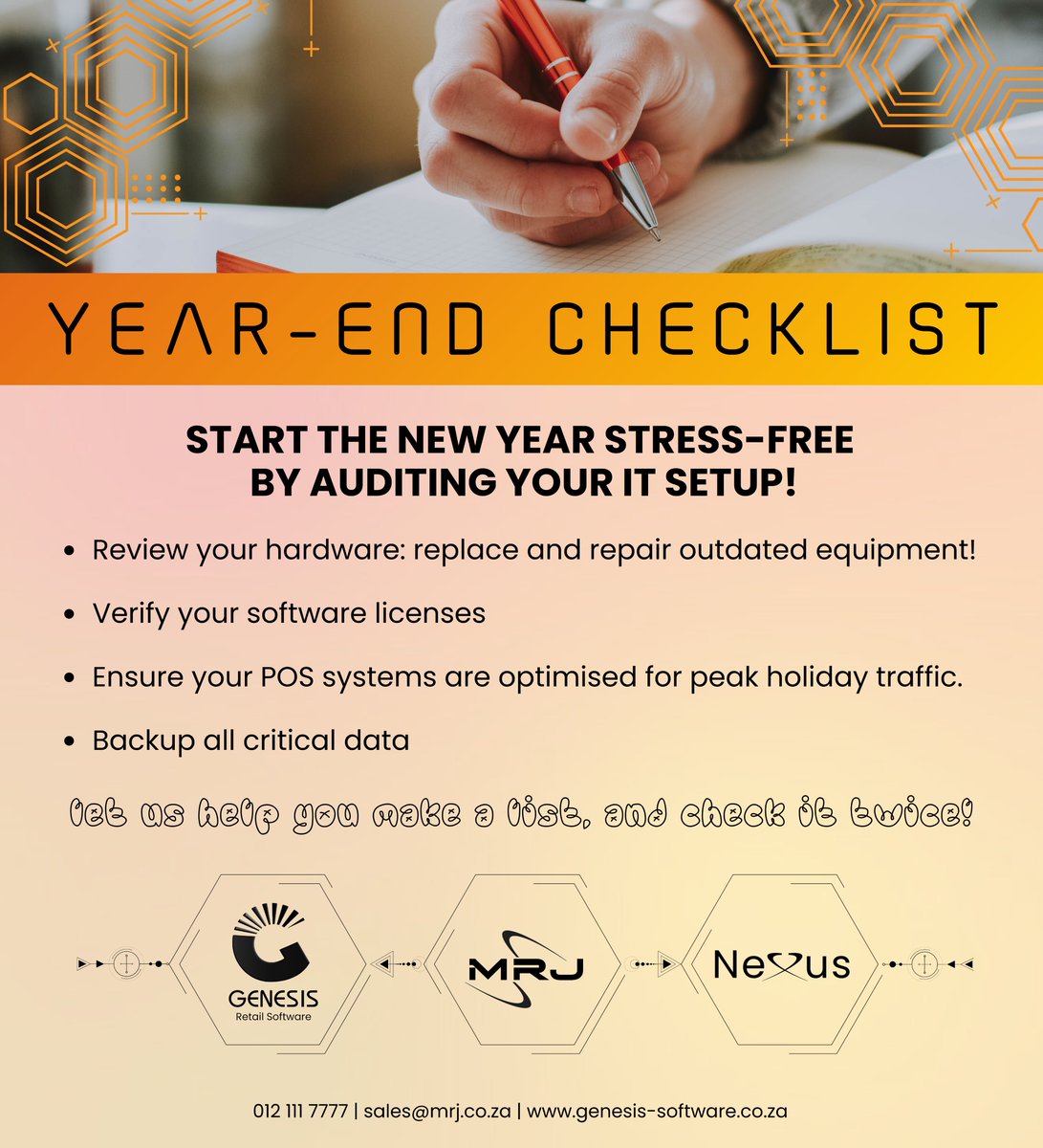 MrjGenesis's tweet photo. It's time for your Year-end Checklist!
>>> Let us help you make a list and check it twice!
>>> https://t.co/k78PaWeaOY https://t.co/tqlDD0uYBD