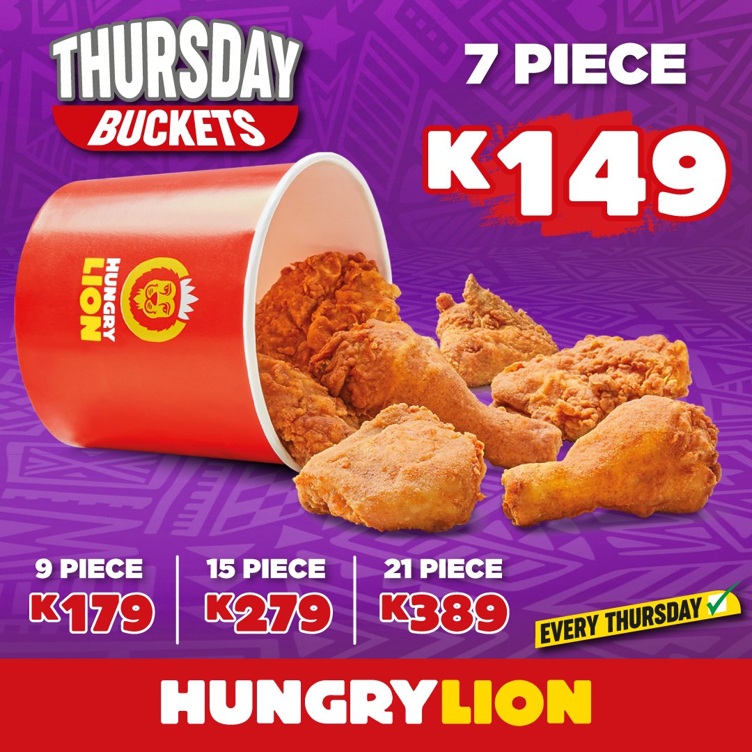 🍗 Thursday = Bucket Day! 🔥 

Get your chicken fix with buckets starting from K149 for 7 pieces!  

Perfect for sharing . Available every Thursday! 🦁

#ThursdayBuckets #BiggerTastier #HungryLionZambia