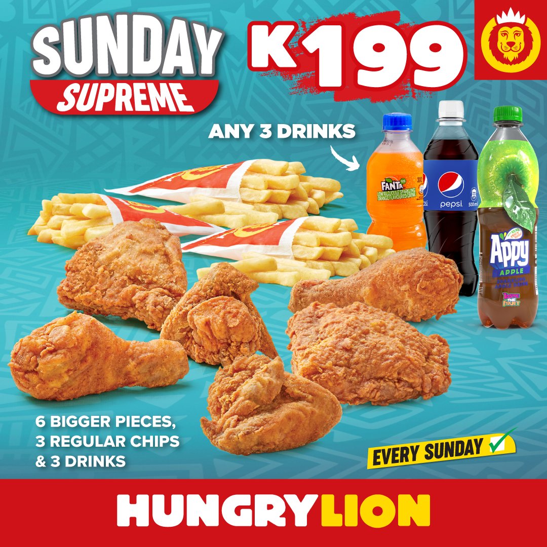 🍗Sunday Supreme! 🔥

Enjoy 6 BIGGER pieces, 3 Regular Chips, and any 3 drinks for K199—everything you need for the perfect Sunday.🦁

#SundaySupreme #HungryLion