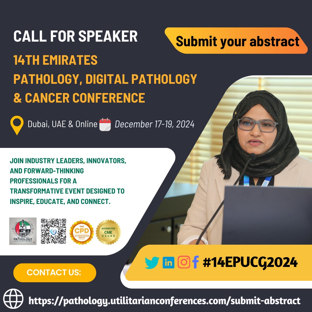 Pathology Experts (@pathologyexper1) on Twitter photo Call for Speakers!! 
Gain valuable feedback from peers and experts that can help improve your research, submit your abstract/paper today at the 14EPUCG2024 Conference, from December 17-19, 2024, in Dubai, UAE & Virtual.
Submit here: pathology.utilitarianconferences.com/submit-abstract
#Pathology Call for Speakers!! 
Gain valuable feedback from peers and experts that can help improve your research, submit your abstract/paper today at the 14EPUCG2024 Conference, from December 17-19, 2024, in Dubai, UAE & Virtual.
Submit here: pathology.utilitarianconferences.com/submit-abstract
#Pathology