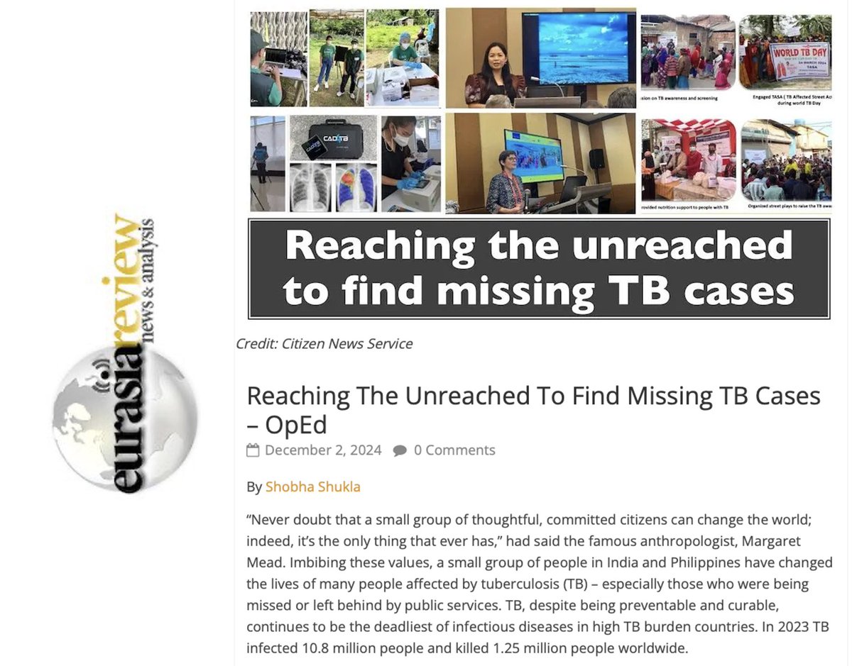 ⭐️A small group of people in #India &amp; #Philippines have changed the lives of MANY people with #TB – especially those who were left behind

Read Lisbeth of <a href="/Humana_India/">humana_india</a> &amp; Dr Samantha at <a href="/UnionConference/">The Union Conference</a>

✅ Eurasia Review
eurasiareview.com/02122024-reach…

✅ CNS
citizen-news.org/2024/11/reachi…