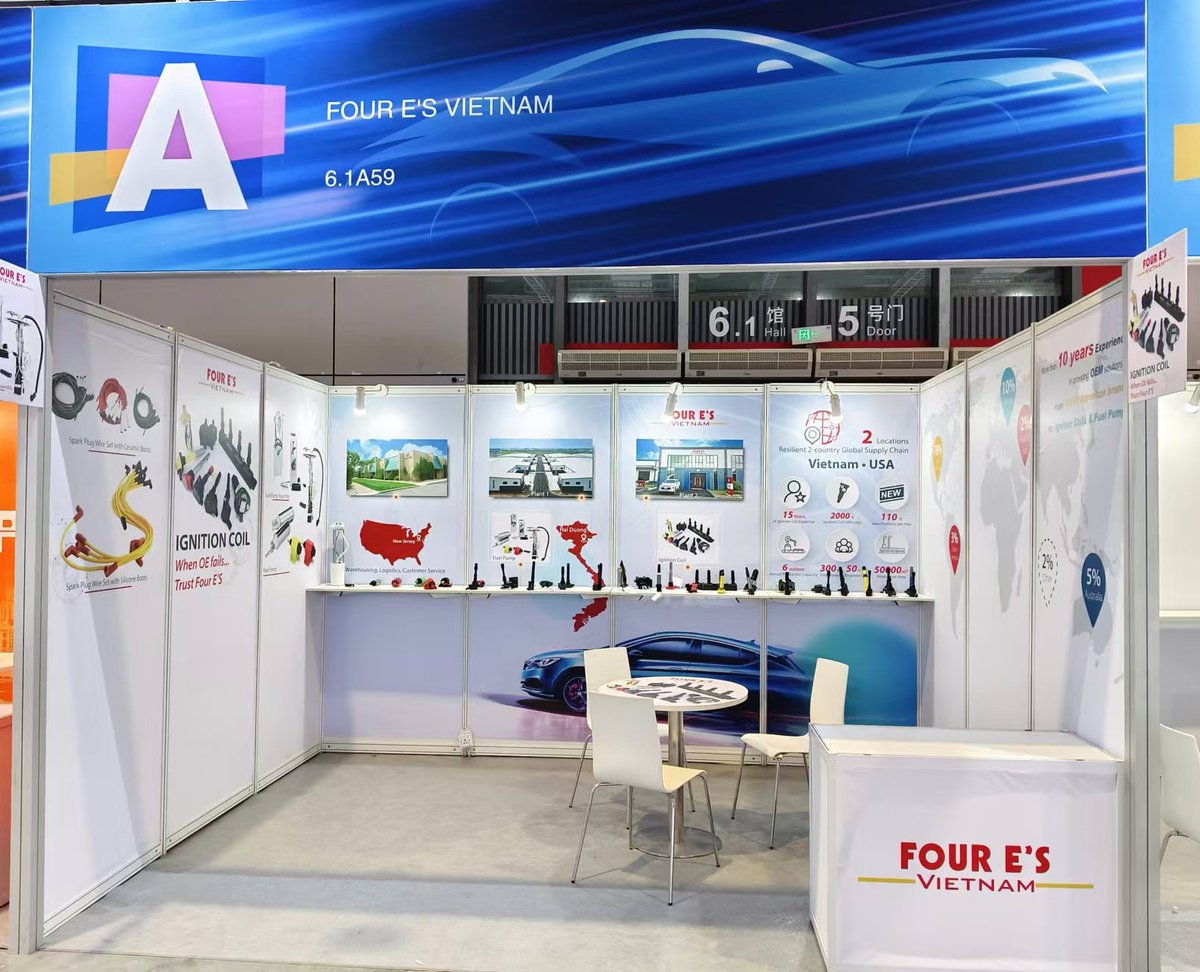 FourEsAuto's tweet image. Four E's Vietnam is LIVE at Automechanika Shanghai 2024! @automechanika_  
📷 Find us at Booth 6.1A59 📷 December 2-5, 2024

Discover our cutting-edge Aftermarket Solutions:
- High-Performance Ignition Coils &amp;amp; Wire Sets
- Premium Fuel Pumps