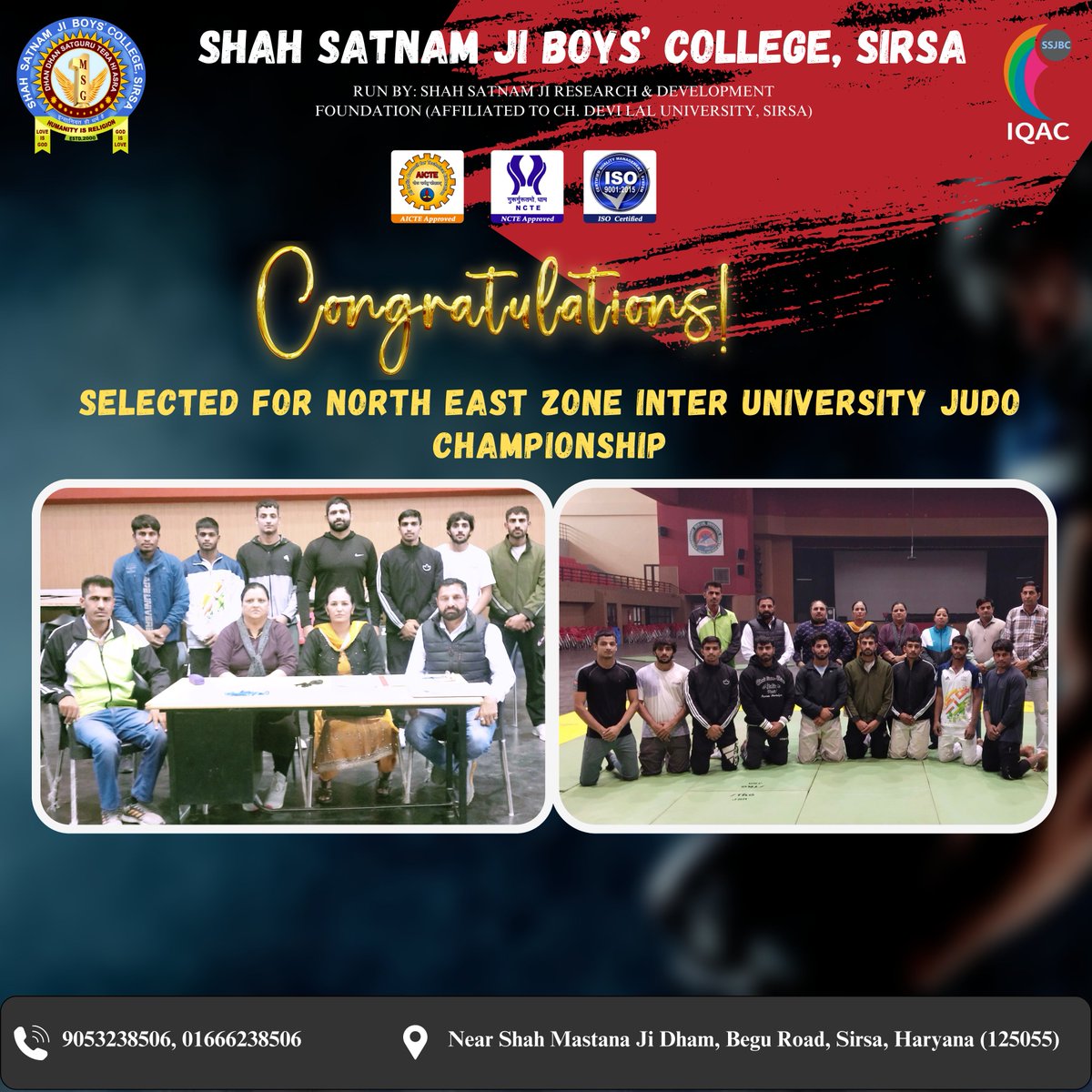ssjboyscollege's tweet photo. With the blessings of Saint Dr. MSG 🙏4 Players Selected for North East Zone Inter University Judo Championship.

Nirbhay 60kg 
Vinay 66kg
Krishan 73kg
Karamvir 100kg 

#ssjbc #shahsatnamjiboyscollege #sports #SaintDrMSG #haryana #judo #judoka #judochampionship #cdlu #sirsa https://t.co/MWepkRSGmP