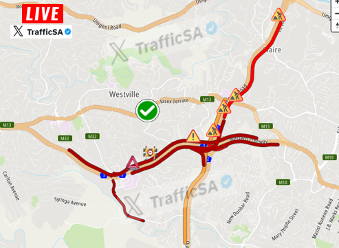 TrafficSA's tweet image. Durban - N3 Highway:  #TaxiStrike  Taxi Blockade between Sherwood and Pavilion Mall - use M13 to avoid