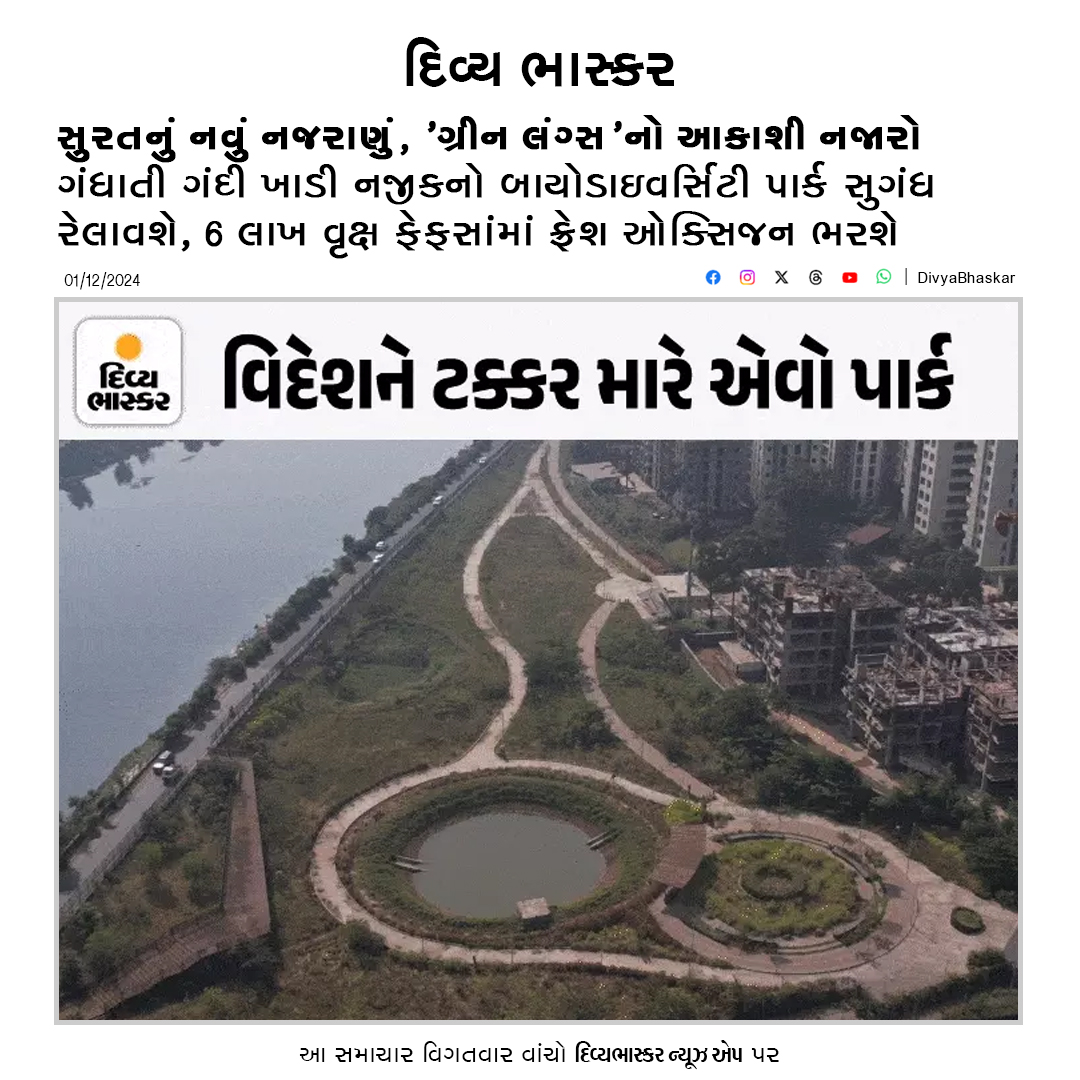 Divya_Bhaskar's tweet photo. સુરતનું નવું નજરાણું, 'ગ્રીન લંગ્સ'નો આકાશી નજારો : ગંધાતી ગંદી ખાડી નજીકનો બાયોડાઇવર્સિટી પાર્ક સુગંધ રેલાવશે, 6 લાખ વૃક્ષ ફેફસાંમાં ફ્રેશ ઓક્સિજન ભરશે, રાખશે ફિટ
https://t.co/52lpDAuw9D
#Surat #GreenLungs #Bay #BiodiversityPark #Tree https://t.co/bJK068hGH0