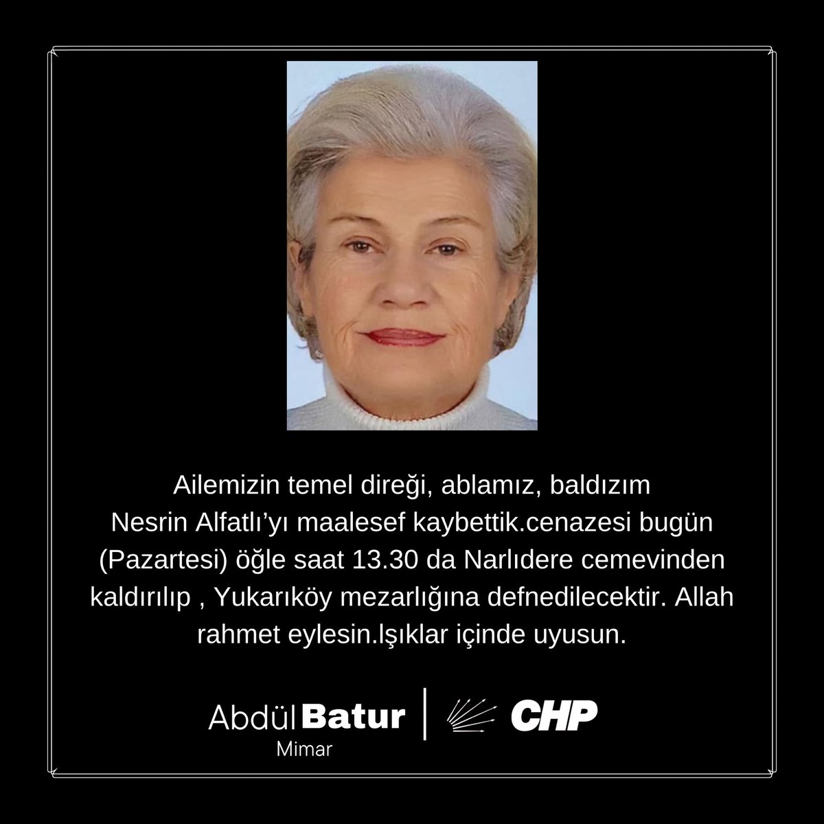 BASKANBATUR's tweet photo. Cenazemiz bugün öğlen saat 13.30’da Narlıdere Cemevin’den kaldıracaktır. https://t.co/ozzJwvnE03