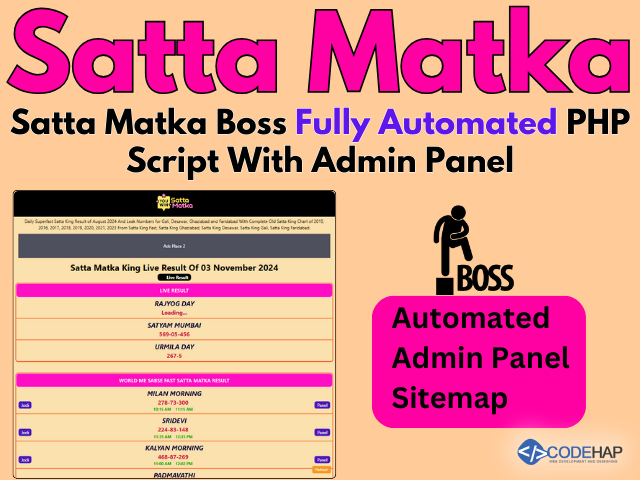 CodeHap's tweet image. Satta Matka Boss Fully Automated PHP Script With Admin Panel
codehap.com/store/satta-ma…
150+ Satta Games Real Time Update Result. Satta Matka Boss Fully Automated PHP Script With Sitemap, Admin Panel, SEO Optimized And Blog Section For Better Ranking.
