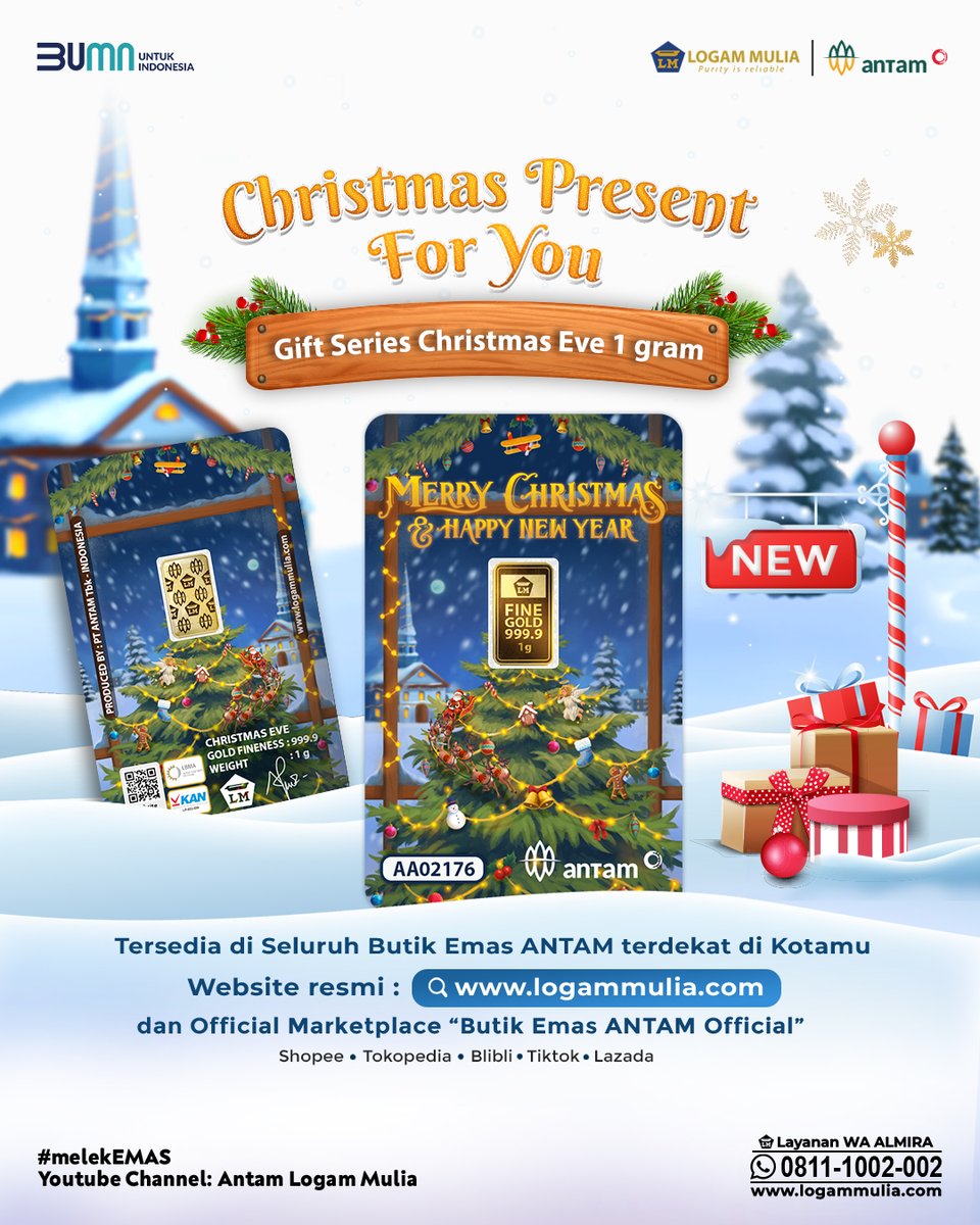 LogamMuliaAntam's tweet photo. Natal kali ini, upgrade hadiahmu jadi lebih precious dengan emas Gift Series Christmast Eve 1gr! 🎄

Desainnya yang indah bersinar terang, bikin momen tukar kado makin berkesan. 🎁

#ANTAMLogamMulia
#LogamMulia
#EmasANTAM
#EmasLM #UntungPunyaEmas
#HadiahNatal #HadiahEksklusif https://t.co/pQNhFQXE1P