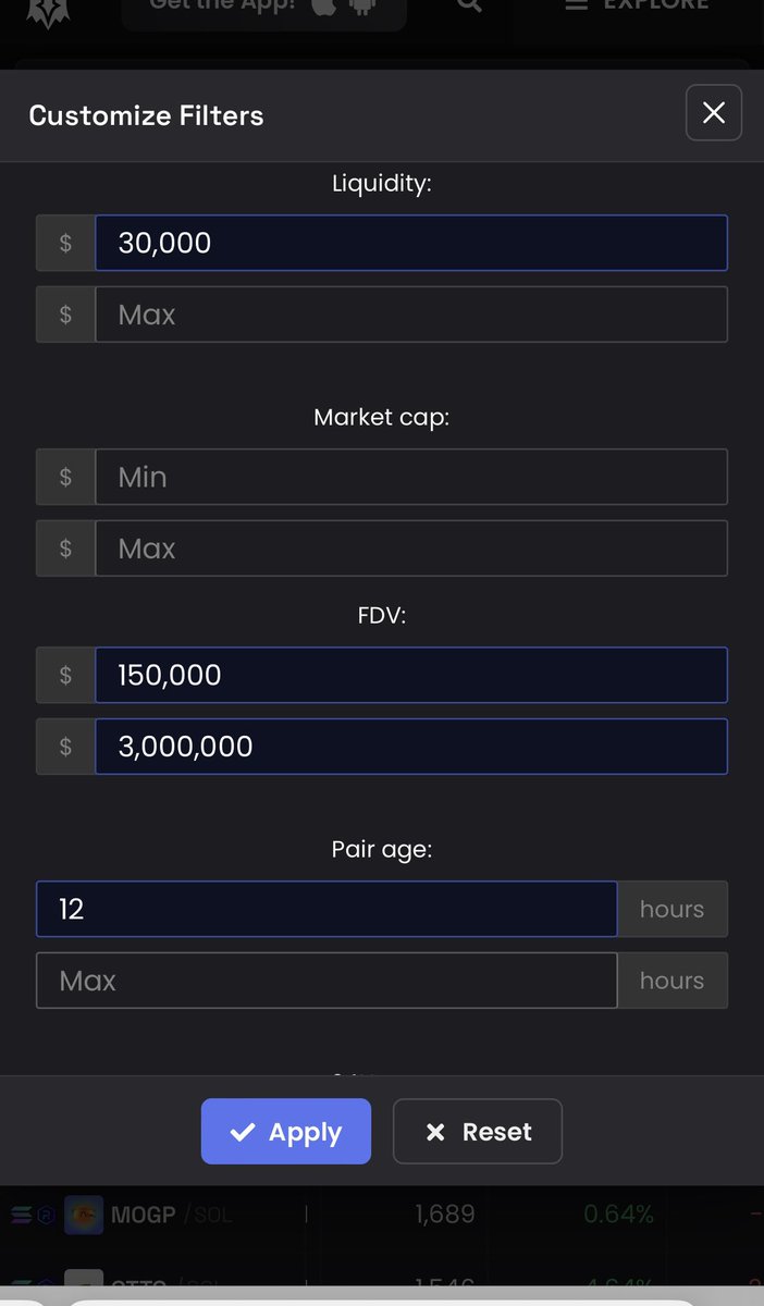 AtzyClink's tweet photo. If you’re finding it hard to navigate through Dexscreener to find a Token, here is a filter of different liquidity, FDV, and pair age on two different Tabs.

Go get that Token 🚀 https://t.co/3tXy8n6Ogz