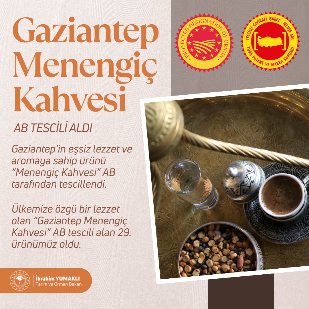 ✅🇪🇺 AB’den tescil alan 29’uncu ürünümüz: “Gaziantep Menengiç Kahvesi”

☕ Eşsiz kokusu ve aromasıyla ülkemizde severek tüketilen menengiç kahvesi, sınırlarımızı aşarak Avrupa'da da tescillendi.

⏳🤝 Coğrafi işaretli ürün sayımızı artırmaya ve uluslararası alanda tanıtmaya devam