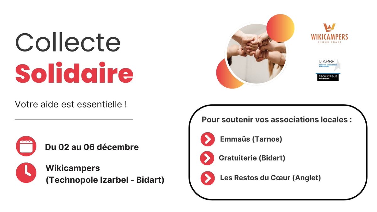 Une #collecte #solidaire aura lieu du 02 au 06/12 pour aider ceux qui en ont besoin 🤝 Vos #associations locales sont à la recherche de produits alimentaires, d'hygiène, jouets, vêtements, etc.

➡️ Apportez vos dons chez <a href="/Wikicampers/">Wikicampers</a> (29 allée Grace Hopper - Izarbel) à #Bidart.