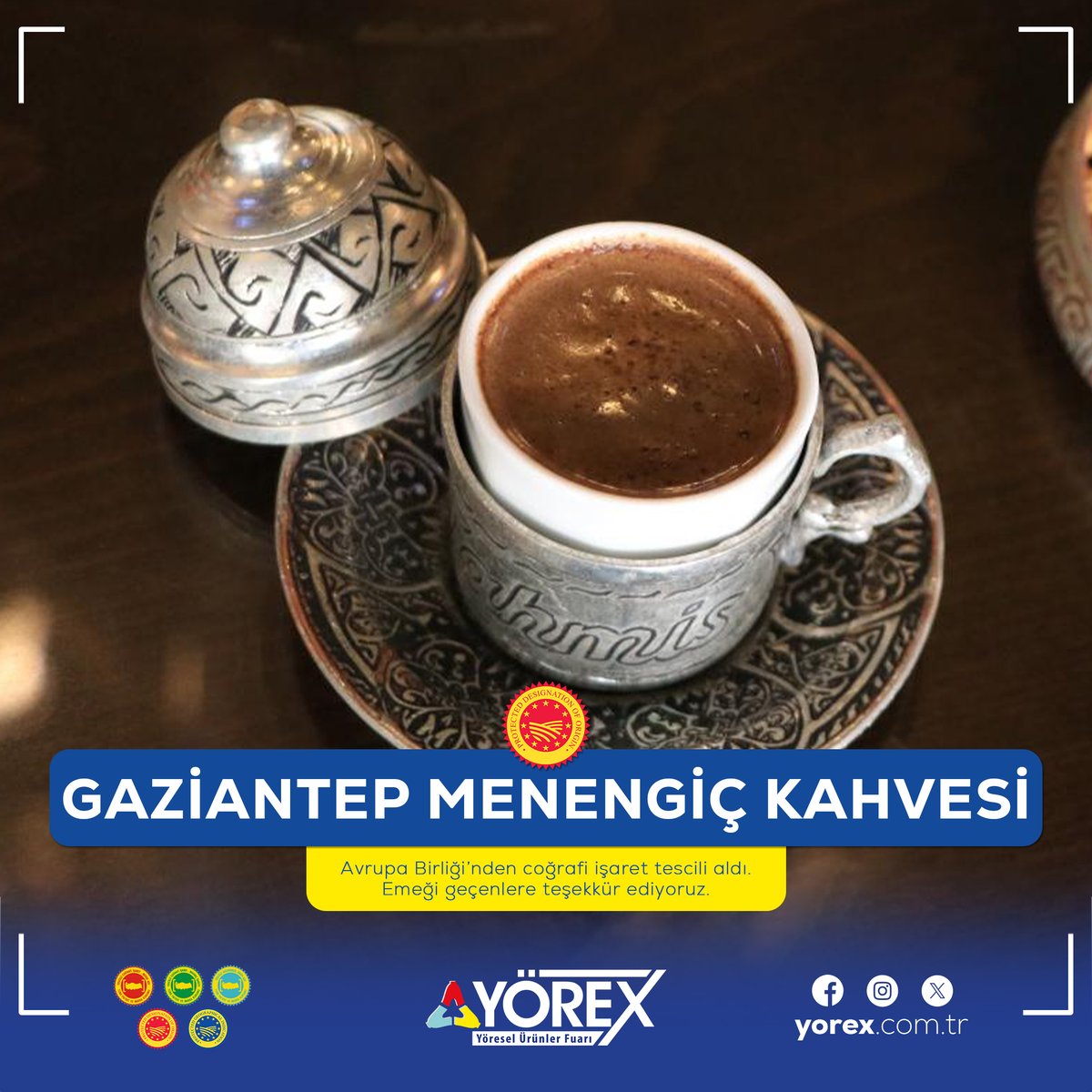 🟤Coğrafi işaretli ürünlerimiz AB'de değer bulmaya devam ediyor.

☕️Gaziantep Menengiç/Melengiç Kahvesi Avrupa Birliği’nden coğrafi işaret tescili alan 29. ürünümüz oldu. Ülkemize ve Gaziantep'e hayırlı olsun.

🎊Yerel değerlerimize sahip çıkan herkesin emeğine sağlık. 🇹🇷🇪🇺