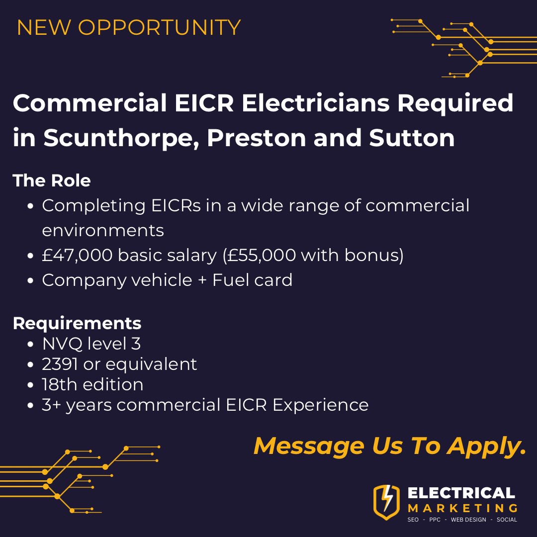 Elecmarketing_'s tweet image. If you could be interested, drop us a message and we can put you in touch🙏

#commercialelectrician #eicr #fixedwiretesting #hiring #electrician #electricians #ukelectrician #testing