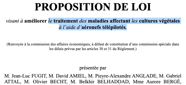 "L'écologie, ça commence à bien faire" épisode n° 23598

Ce jour le député macroniste de ma circo présente une proposition de loi pour autoriser &amp; étendre l'épandage de pesticides par drone : plutôt que réduire leur utilisation, voilà une loi qui la faciliterait.
Bravo.