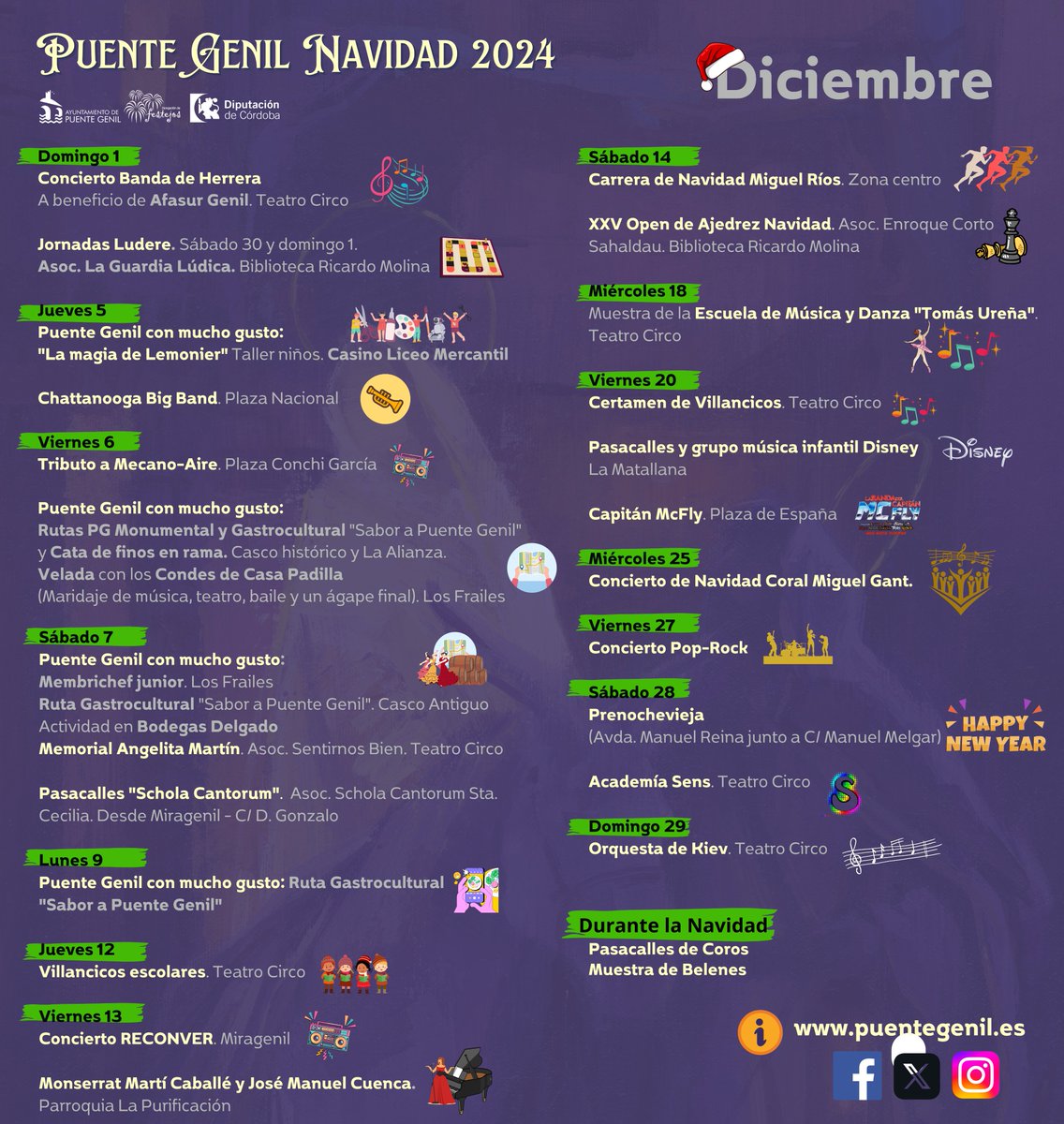 Ha llegado #Diciembre y continuamos con la programación "Puente Genil Navidad 2024" para que disfrutes de nuestra localidad en este mes tan navideño.

¡No te lo pierdas!  

Más información en: visitpuentegenil.es