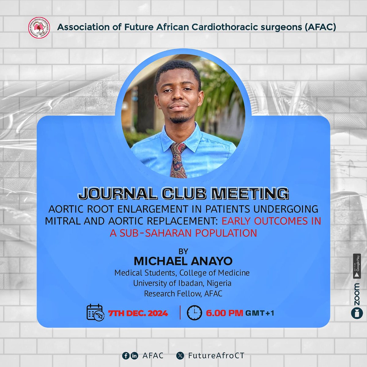 AFAC (@futureafroct) on Twitter photo Join us for our upcoming Journal Club Meeting on Dec 7th, 2024 as we discuss aortic root enlargement in patients undergoing mitral and aortic valve replacement. Don't miss this opportunity!
Zoom Link: us06web.zoom.us/j/87441287700?… Join us for our upcoming Journal Club Meeting on Dec 7th, 2024 as we discuss aortic root enlargement in patients undergoing mitral and aortic valve replacement. Don't miss this opportunity!
Zoom Link: us06web.zoom.us/j/87441287700?…