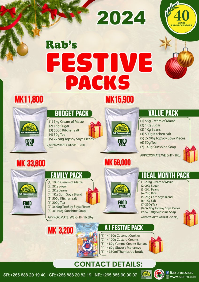 The festive season is here, and so are our incredible deals! Grab your FESTIVE PACKAGES today, available at our depots in Blantyre, Lilongwe, and Mzuzu!

#Rabfestivepacks #rabgroup #rabprocessors #mediaonemw #malawi