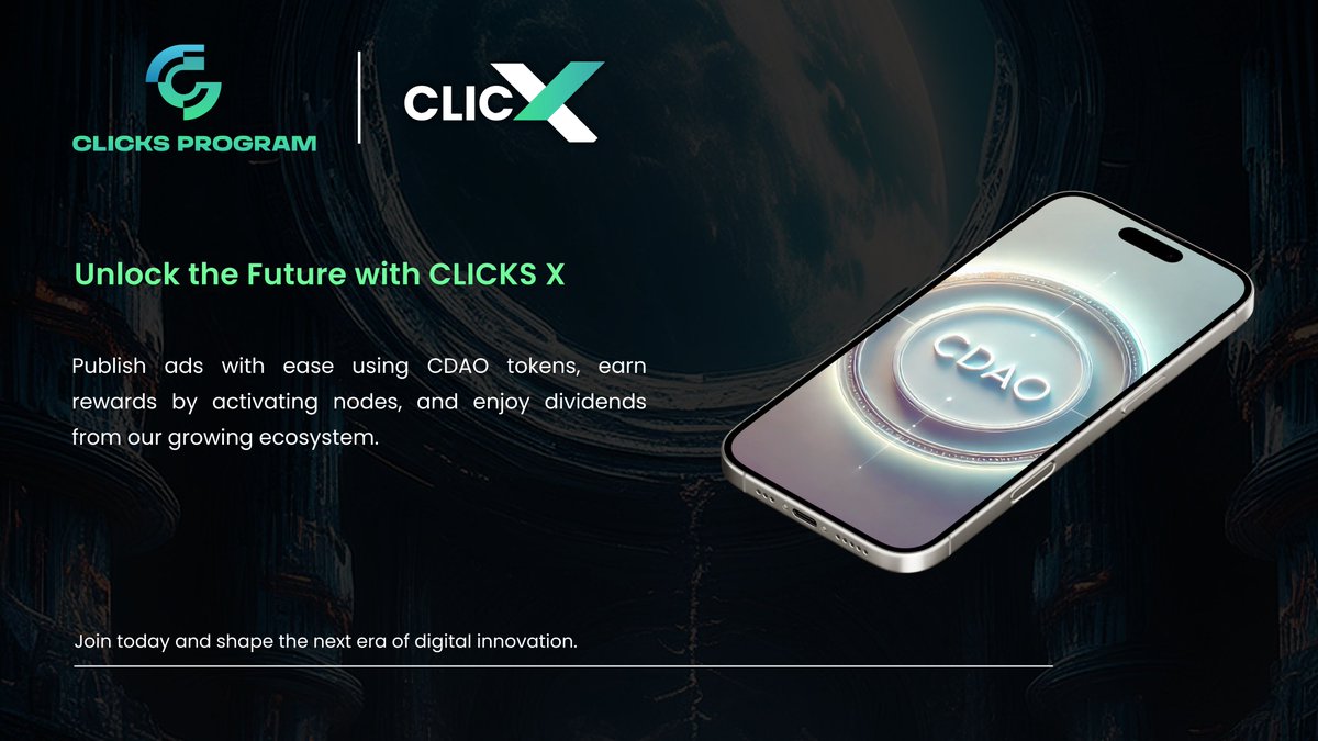 ClicksProgram's tweet image. Unlock the Future with CLICKS X

A revolutionary platform merging social connectivity and decentralized advertising. 

Publish ads with ease using CDAO tokens, earn rewards by activating nodes, and enjoy dividends from our growing ecosystem. 

Join today and shape the next era of…