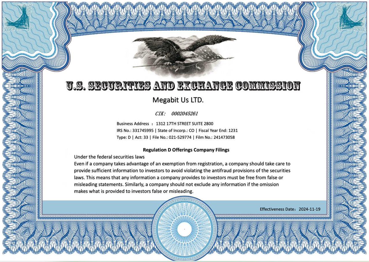 Megabit交易所获得美国SEC备案，强化全球合规，确保用户资产安全！我们承诺提供安全、透明的交易体验，迈向全球加密货币交易领导地位。  #MegabitSEC #CryptoExchange #SEC