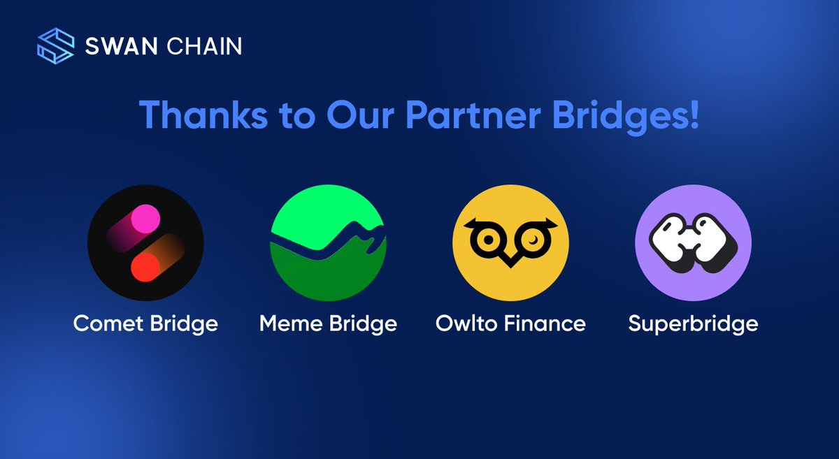 Swan Chain (formerly FilSwan) (@swan_chain) on Twitter photo Special Thanks to Our Bridge Partners Supporting Swan Chain
Comet Bridge - <a href="/Comet_Protocol/">Comet</a>
Meme Bridge - <a href="/MemebridgeB/">MemeBridge(Cheapest Layer2s Bridge)</a>
Owlto Finance - <a href="/Owlto_Finance/">Owlto Finance(🦉💛🦉)</a>
Superbridge - <a href="/superbridgeapp/">Superbridge</a>
Your contributions are invaluable to our ecosystem's growth and success! Special Thanks to Our Bridge Partners Supporting Swan Chain
Comet Bridge - <a href="/Comet_Protocol/">Comet</a>
Meme Bridge - <a href="/MemebridgeB/">MemeBridge(Cheapest Layer2s Bridge)</a>
Owlto Finance - <a href="/Owlto_Finance/">Owlto Finance(🦉💛🦉)</a>
Superbridge - <a href="/superbridgeapp/">Superbridge</a>
Your contributions are invaluable to our ecosystem's growth and success!