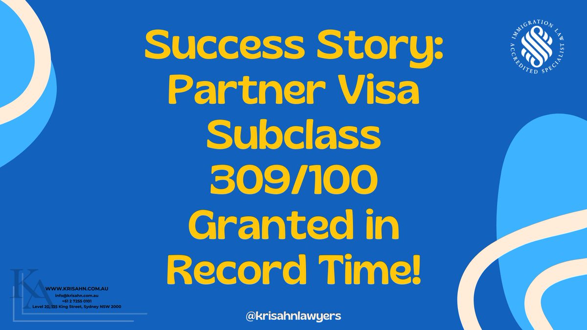 krisahnlawyers's tweet image. 🎉 Case Study: Partner Visa Subclass 309/100 Granted in Record Time!

#PartnerVisa #Subclass309 #Subclass100 #VisaGranted #AustralianImmigration #MigrationLawyers #SuccessStory #KrisAhnLawyers