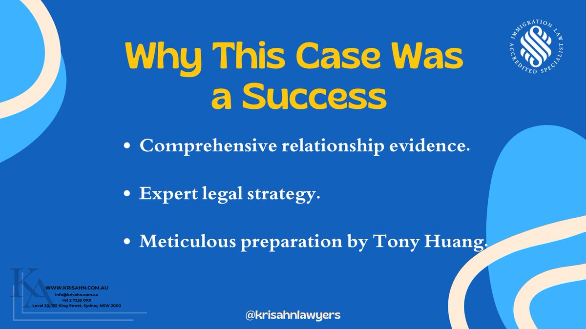 krisahnlawyers's tweet image. 🎉 Case Study: Partner Visa Subclass 309/100 Granted in Record Time!

#PartnerVisa #Subclass309 #Subclass100 #VisaGranted #AustralianImmigration #MigrationLawyers #SuccessStory #KrisAhnLawyers