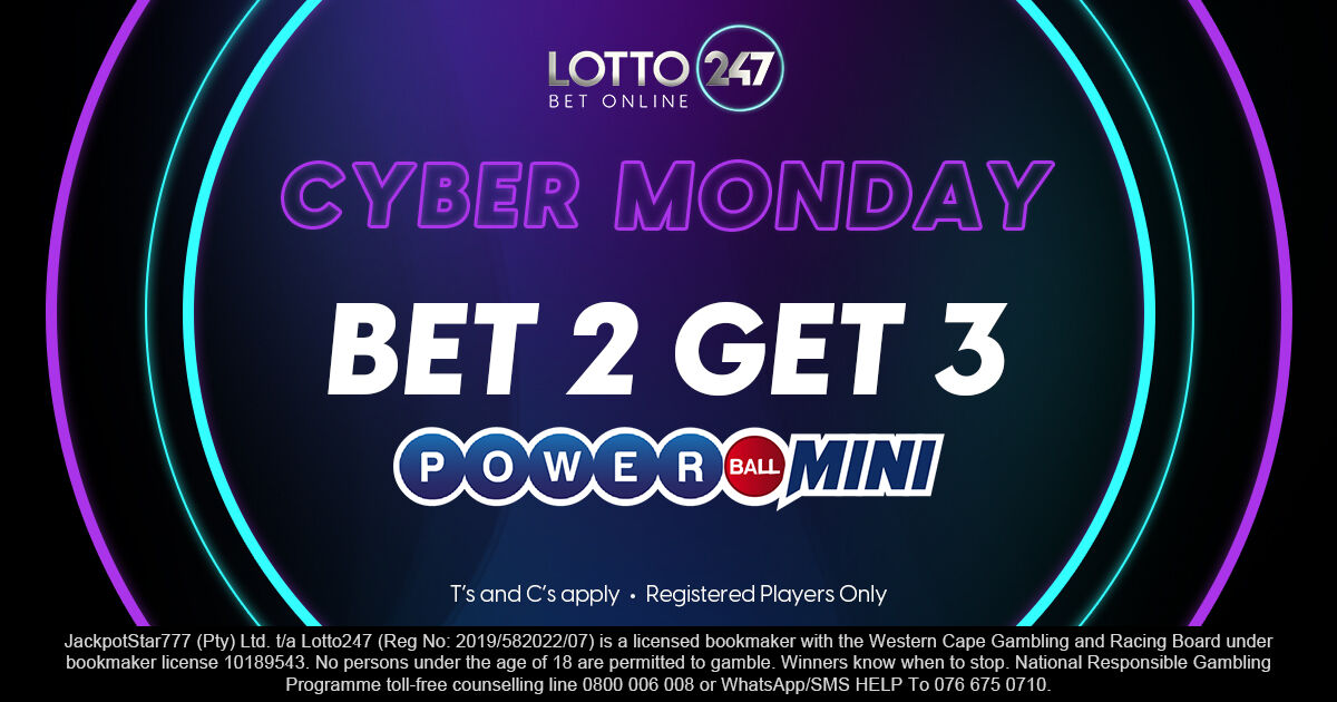 Lotto247_SA's tweet image. 🇿🇦 Cyber Monday is here, South Africa! Bet on 2 Powerball Mini plays, and we’ll give you 3 bonus bets—on the house! 🥳 For registered players only. #Lotto247 #CyberMonday #PowerballMini #LuckySA

𝗕𝗘𝗧 𝗡𝗢𝗪: bit.ly/L247-Login