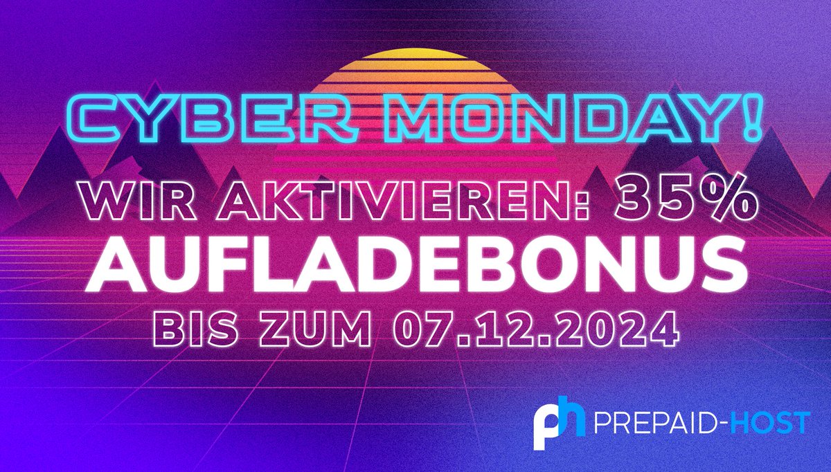 💥 Cyber Monday! 💥
Wir starten durch: 35% Aufladebonus für dein Guthaben – aber nur bis 07.12.2024! 🎉

📊 Beispiel: 
Lade 10 € auf → 13,50 € Guthaben
Lade 50 € auf → 67,50 € Guthaben

⏳ Warte nicht zu lange – hol dir deinen Bonus jetzt: 👉 prepaid-host.com/transactions/a…