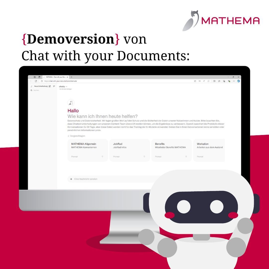 Jetzt könnt ihr es kostenfrei unsere Demoversion von Chat with your Documents testen!

Es wird einfach eine Frage eingegeben und unsere Kl liefert euch die Antworten direkt aus den Dokumenten. 💿

Zum Ausprobieren hier klicken: buff.ly/3V98erW

Viel Spaß! 

#MATHEMA #KI
