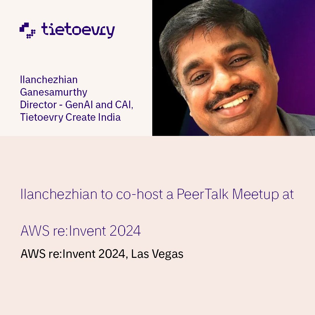Join Ilanchezhian Ganesamurthy, AWS Hero and Director of GenAI &amp; CAI at Tietoevry Create, for a PeerTalk Meetup at #AWSreInvent 2024! 

💡 Topic: Operationalizing GenAI: From PoC to Production
📅 Dec 3, 2024 | 12:00 PM
📍 Wynn, Las Vegas

#AWSreinvent #AITransformation #PeerTalk