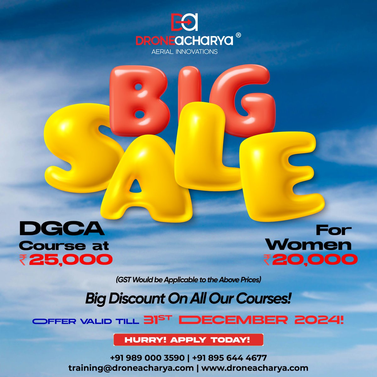 🚁 Dream of flying? Become a DGCA-certified drone pilot with #DroneAcharya at just ₹25,000! Women pay only ₹20,000. 🎯

🛑 Offer valid till 31st Dec 2024. Enrol now and take flight! 🌟

#DroneTraining #FlyHigh