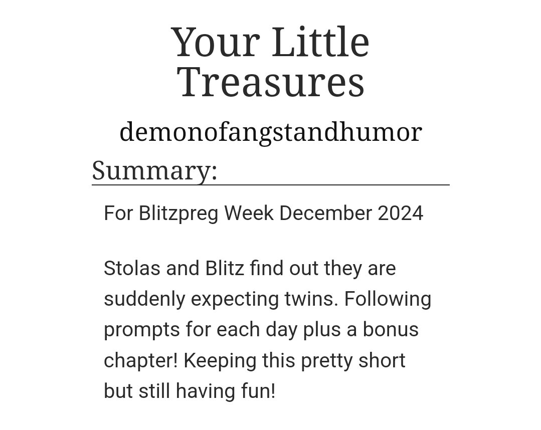 Enchanted_Kat's tweet image. #blitzpregweek #blitzpreg @BlitzPregWeek Day One: Magic
I drew stuff for it but hate it so I may show it at the end of the week 🤭
archiveofourown.org/works/61015585…