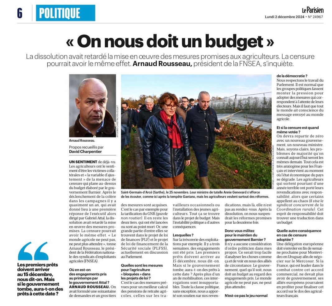 🗞️ Lu dans <a href="/le_Parisien/">Le Parisien</a> : Arnaud Rousseau (<a href="/rousseautrocy/">Arnaud Rousseau</a>), président #FNSEA prévient : 🎙️"On nous doit un budget. (...) Le monde agricole ne peut pas, ne peut plus attendre."🚜✊
🔗 leparisien.fr/economie/le-mo…
-
👉 Sur la concrétisation des engagements du <a href="/gouvernementFR/">Gouvernement</a> pour