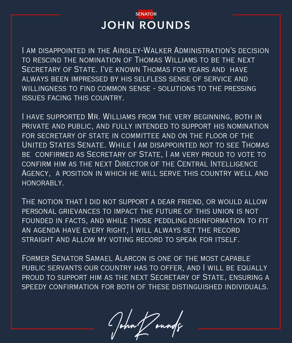 JohnRounds_rx's tweet photo. My statement regarding the nominations of Mr. Thomas Williams and Former Senator Samael Alarcon. https://t.co/M0XlgoVwqY